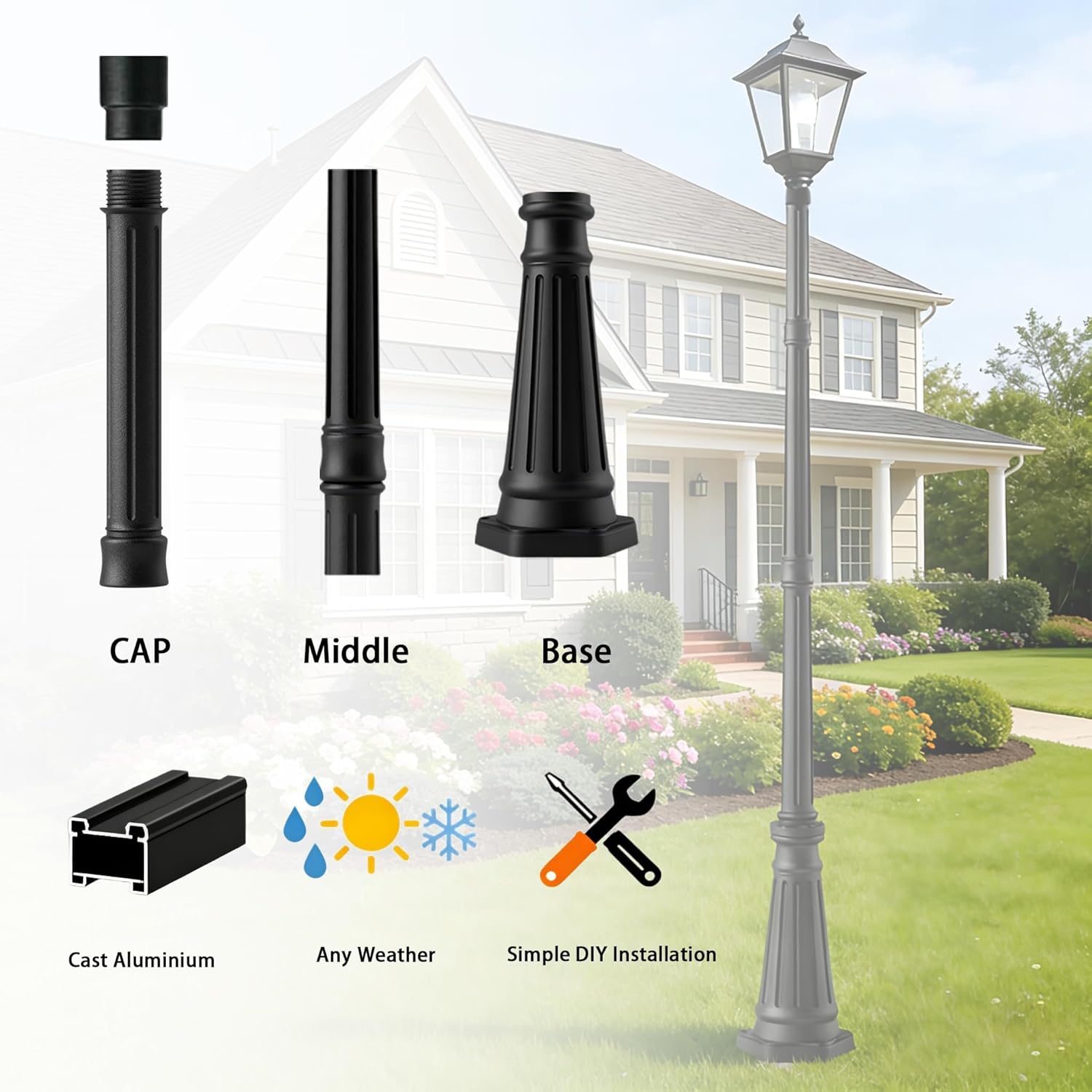 79" Black Cast Aluminum Street Light Pole, 4-Section Adjustable Lamp Post with Threaded Knob Connection & 3" Universal Adapter Cap For Outdoor Porch, Patio, Yard, Garden, Driveway (Light Not Included)