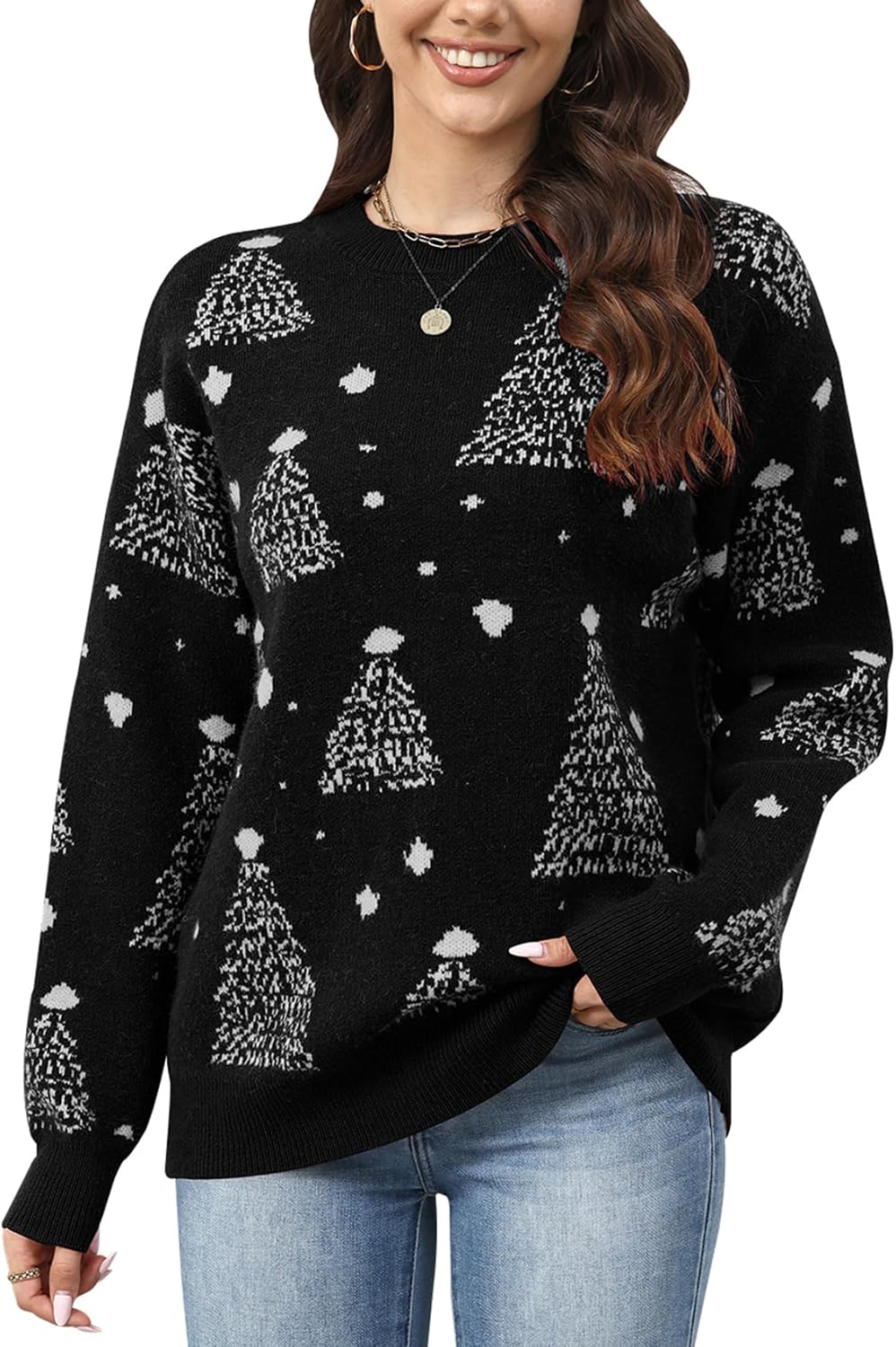 Gihuo Women’ s Christmas Sweaters Crewneck Pullover Xmas Knit Top 2025 Long Sleeve Christmas Tree Sweater