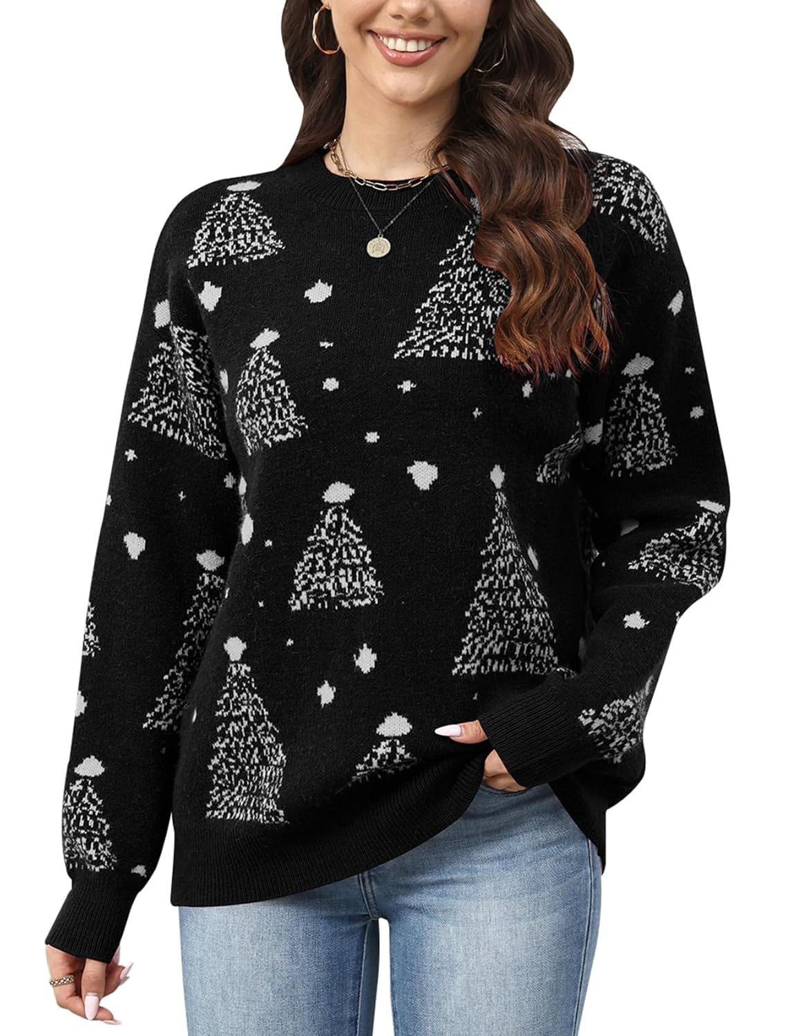 Gihuo Women s Christmas Sweaters Crewneck Pullover Xmas Knit Top 2025 Long Sleeve Christmas Tree Sweater