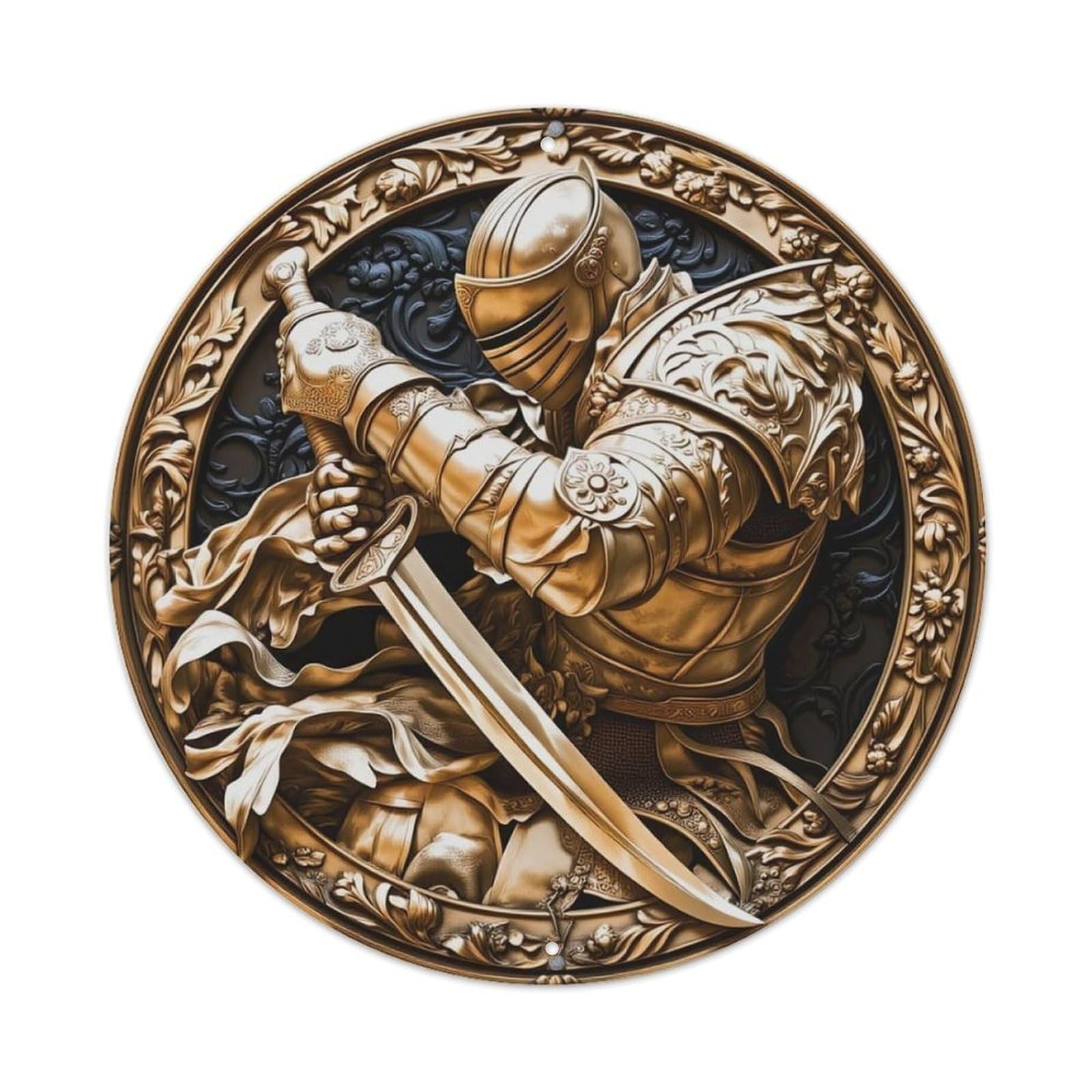 Golden Knight With Sword And Armor Metal Tin Sign
