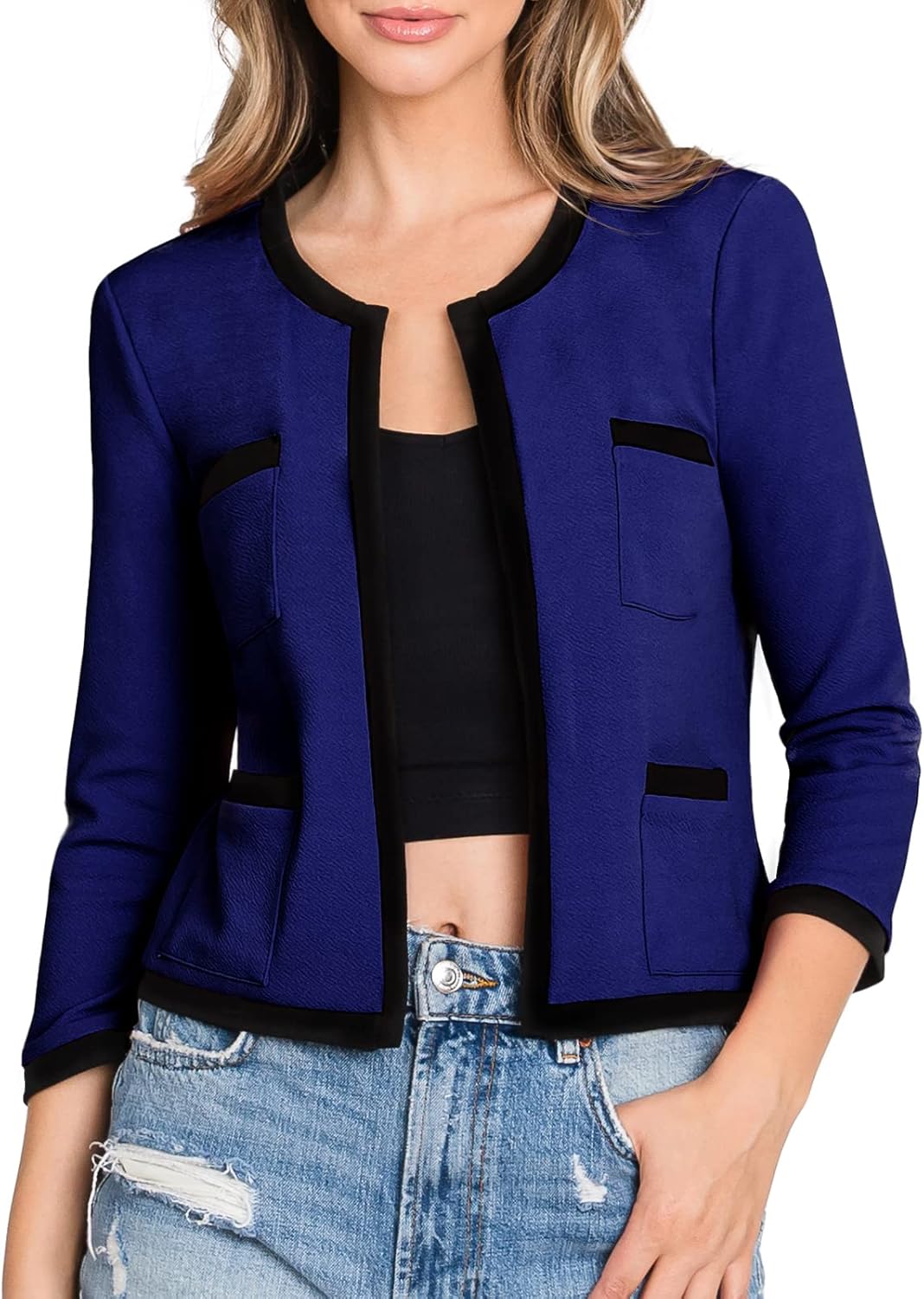 DOUBLJU Women's 3/4 Sleeve Blazer Open Front Round Neck Cropped Jacket Work Office at  Women’s Clothing store