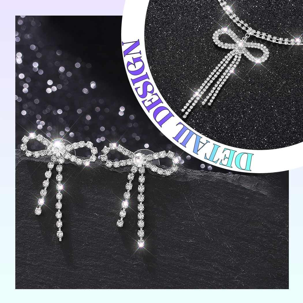 JEAIRTS Rhinestone Bow Jewelry Set Sparkly Bowknot Necklace and Earrings Crystal Prom Jewelry Sets for Women