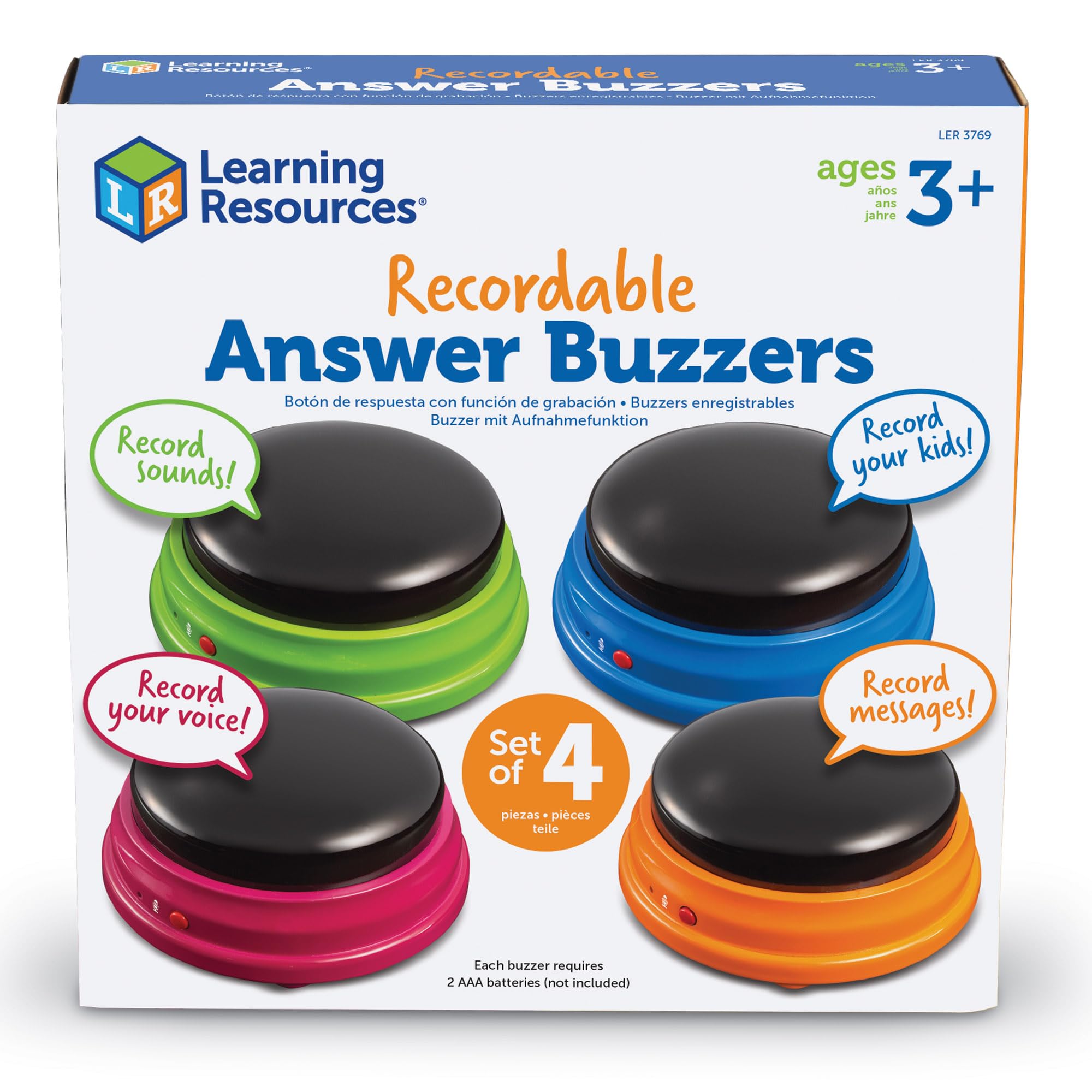Learning Resources Recordable Answer Buzzers – Set of 4, Ages 3+, Game Show Buzzers Buttons, Personalised Sound Toy, Family Game Night