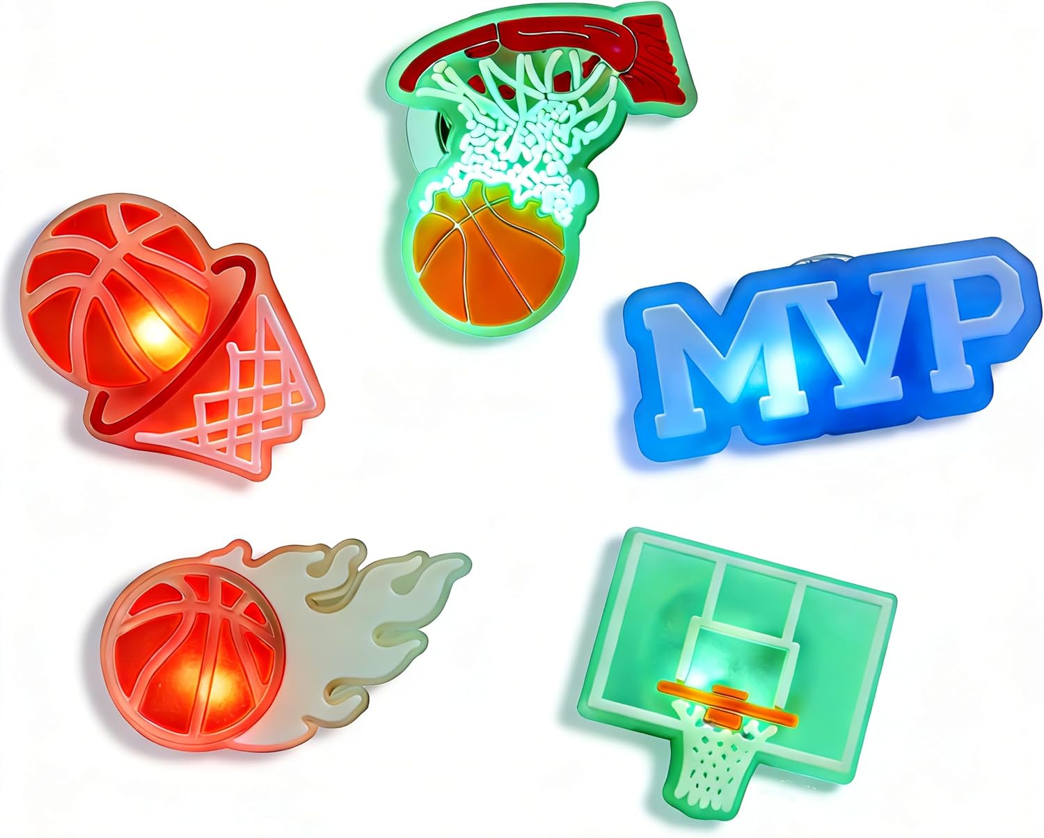 5PCS Basketball Theme Light Up Shoe Charms, Vibration-Activated 3-Color LED Shoe Charms for Clog Shoes, Premium PVC Waterproof Shoe Accessories Gifts for Basketball Fans Kids Teens Adults