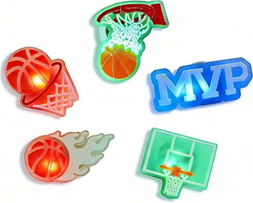 5PCS Basketball Theme Light Up Shoe Charms, Vibration-Activated 3-Color LED Shoe Charms for Clog Shoes, Premium PVC Waterproof Shoe Accessories Gifts for Basketball Fans Kids Teens Adults