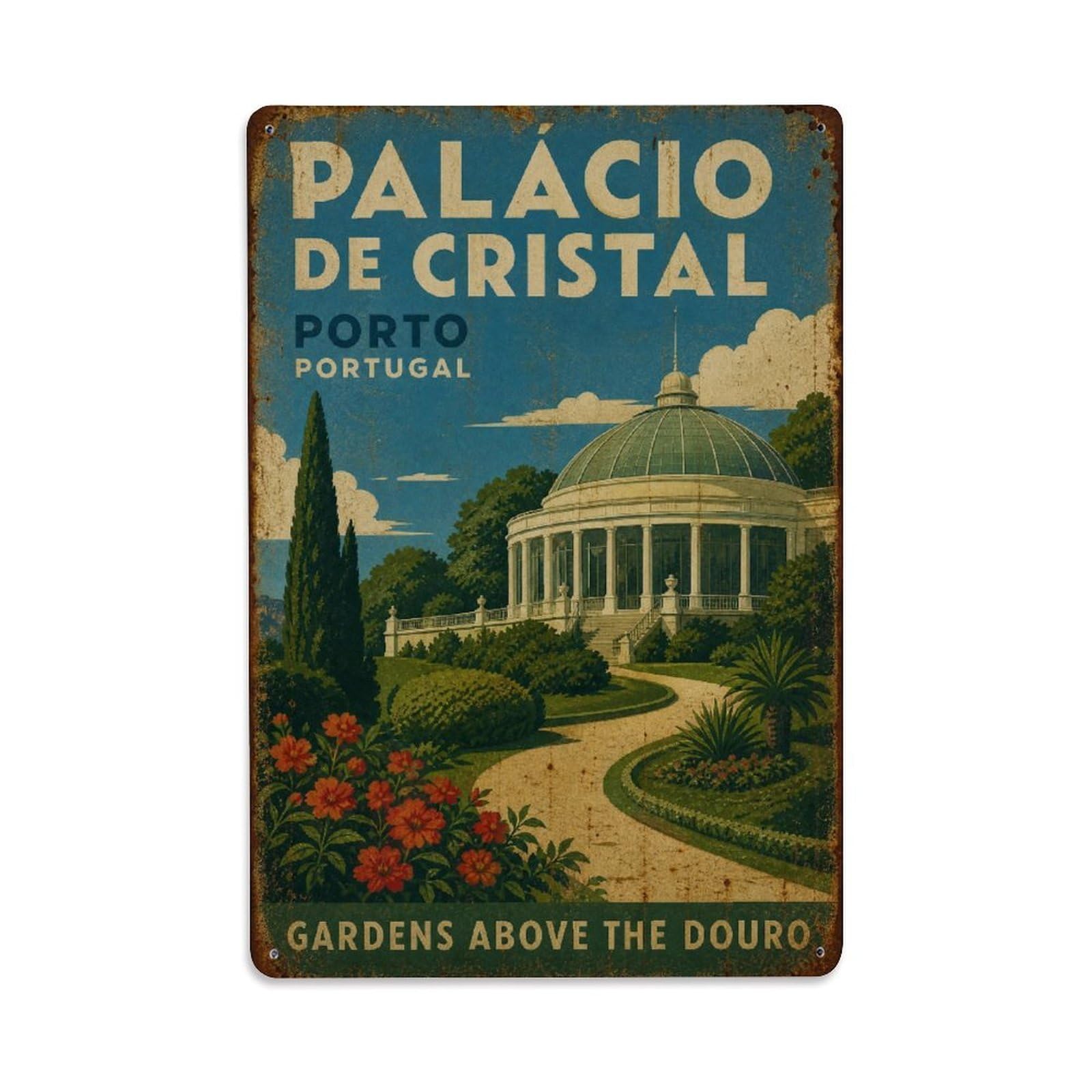 Huiyhb 8X12inch(20X30cm) Vintage Travel Palacio Cristal Gardens Glass Pavilion Portugal Metal Tin Sign