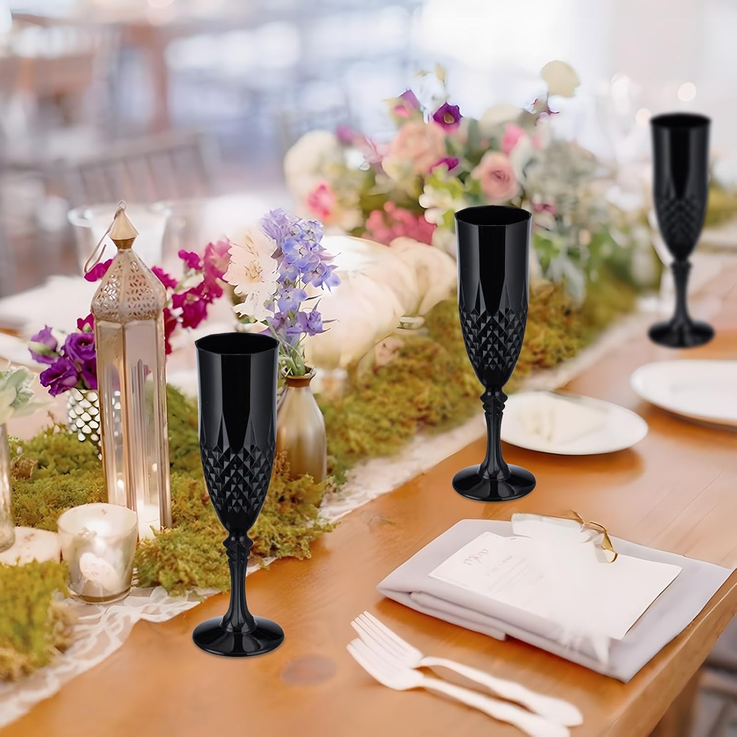 7.1OZ Plastic Champagne Flutes,24PCS Black Glassware Wine Glasses Goblets Shatterproof Mimosa Bar Reusable Vintage Champagne Flutes Stemmed Drinking Cups for Weddings ,Parties, Toasting,Halloween