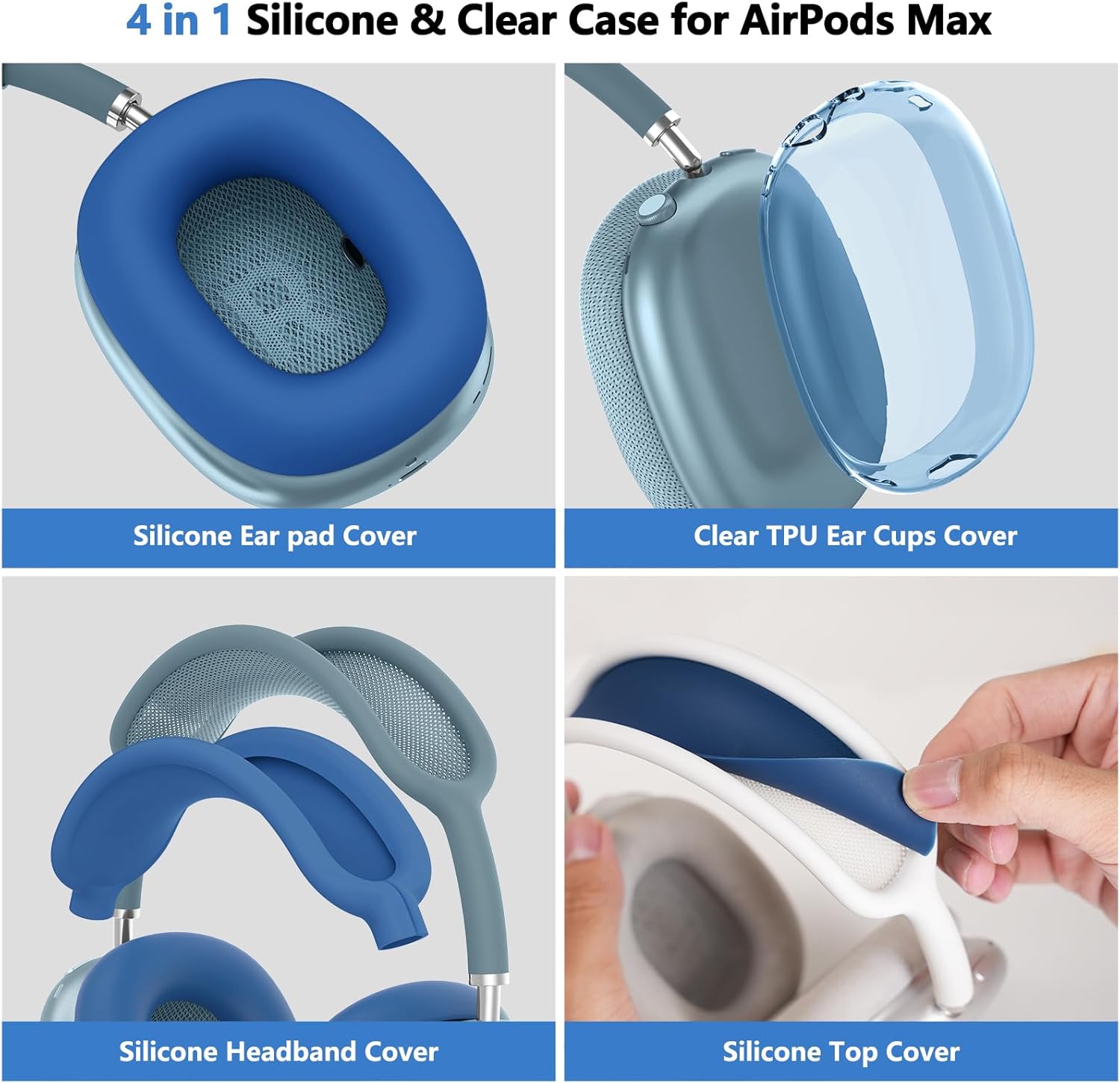 【4 in 1】 Protective Kit for AirPods Max Case Cover, Clear TPU Ear Cups Cover + Silicone Ear Pads Case + Headband Covers, Transparent Silicone Accessories for Apple AirPods Max USB-C (2024/2020), Blue - Image 3