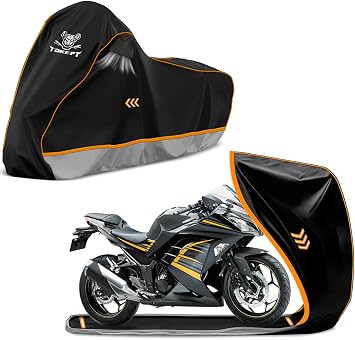 Full Enclosed Motorcycle Cover, 600D Heavy Duty Waterproof Motorcycle Cover with Reflective Strips & Vents, Outdoor/Indoor Storage, Fits 96" Harley Honda Yamaha Suzuki Black&Grey