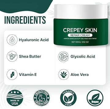 Crepey Skin Repair Sooth Cream, Crepey Skin Cream, Crepey Skin Repair Care, Repair Saggy Skin on the Arms, Neck and Abdonmen, Deeply Moisturize & Tighten Wrinkly Dry Skin, 100g