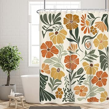Boho Floral Shower Curtain Cute Colorful Fun Abstract Orange Flower Vintage Bohemian Terracotta Botanical Mid Century Yellow Green Fabric Cloth Bathroom Decor Set 60x72 inch Polyester 12 Hooks