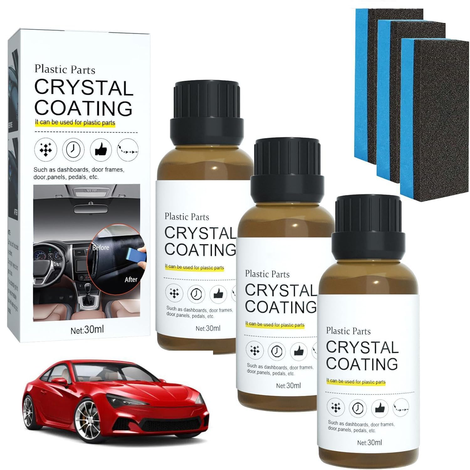 Plastics Parts Crystal Coating, 2024 New Crystal Coating Restoration Care Agent for Car Automotive Plastic Parts, Crystal Coating Plastic Restorer Interior Refurbish Agent for Cars (3 Pcs)