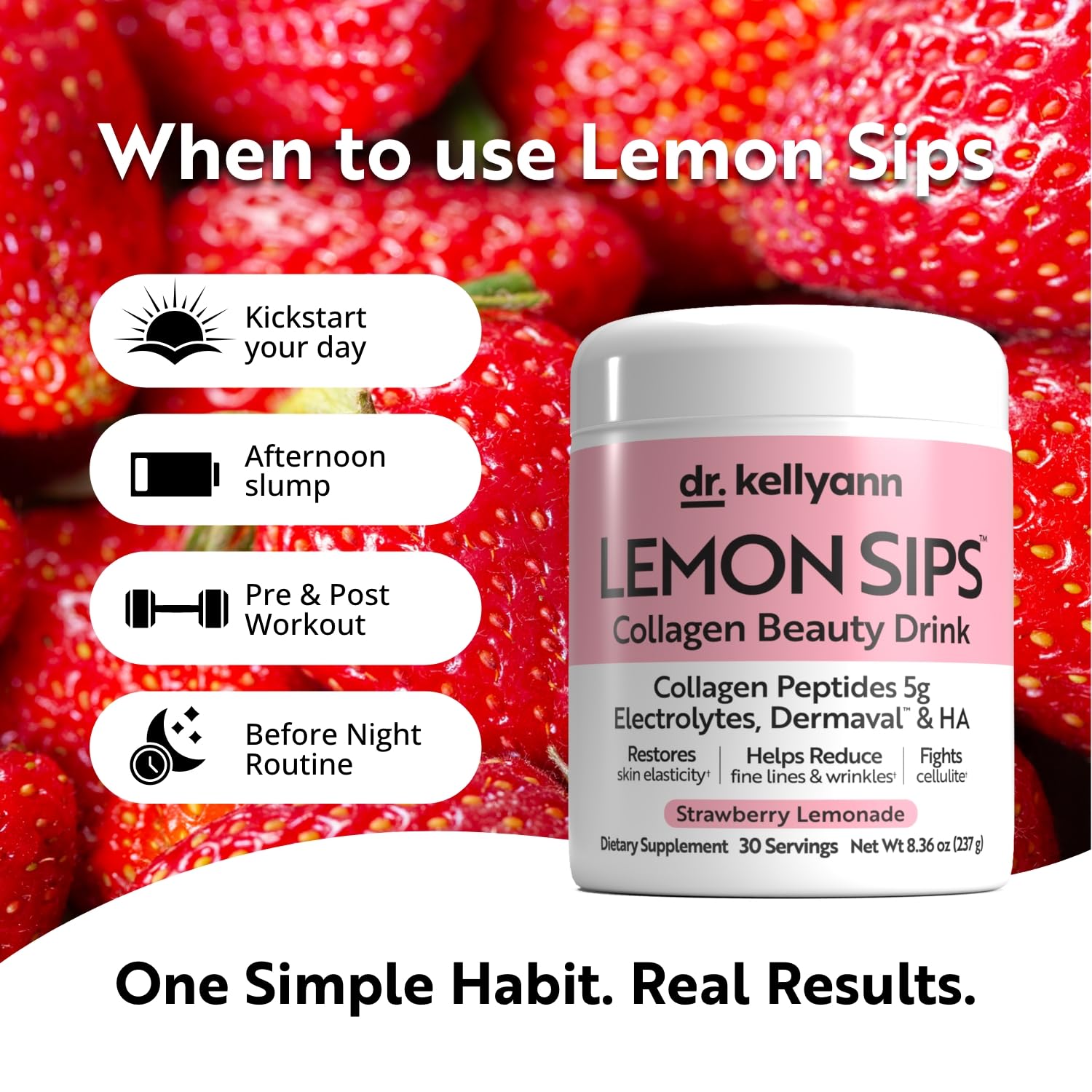 Dr. Kellyann Lemon Sips with Verisol Collagen Peptides, Dermaval & Hyaluronic Acid, Sugar-Free Hydrating Electrolyte Powder, Strawberry Lemonade Flavor, 30 Servings — Amazon image 4