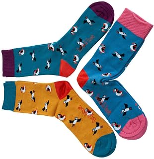 Doris & Dude Women Bamboo Crew Socks Puffin Birds 3 Pair Set Med 3-7 Colourful Wild Seabirds Durable Sustainable Gift