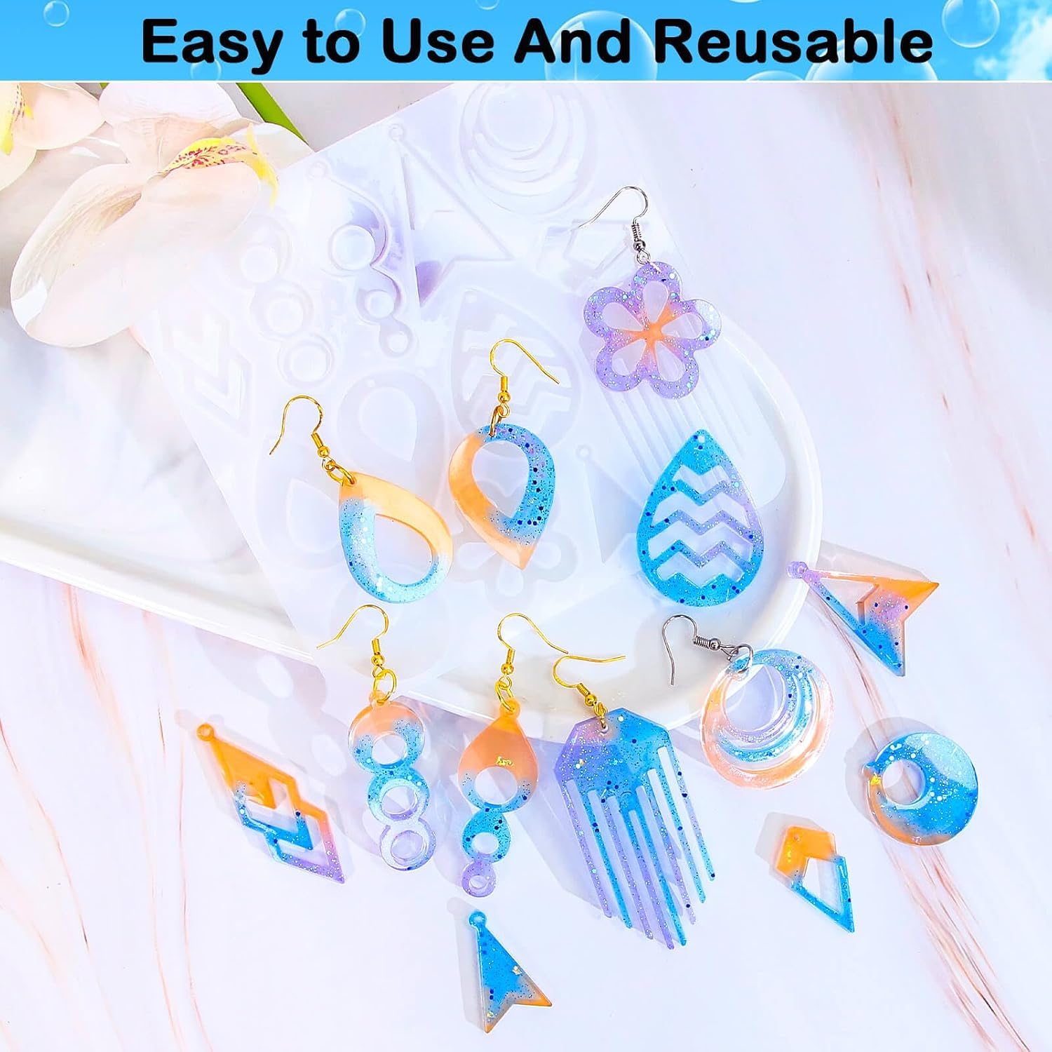 204Pcs Geometric Resin Earring Mold Kit - 4 Reusable Dual-Cavity Silicone Earring Molds for Epoxy Resin Jewelry Making with 200 Ear Hooks Jump Rings - Make Dangle Drop Charms, Keychains, Pendants