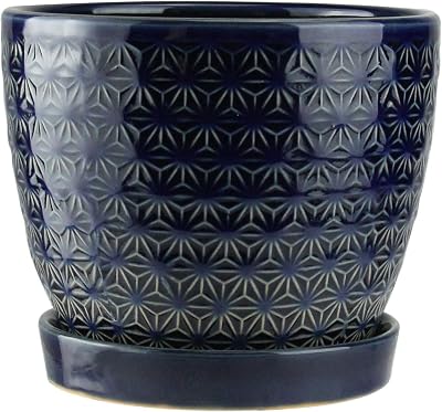 Napco Prism Embossed Ceramic Pot with Cobalt Blue Glaze for Indoor Plants Planter with Saucer, 5x5