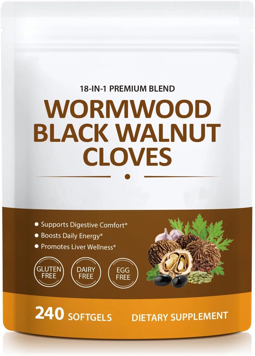 Wormwood Black Walnut Clove Herbal Complex, 18-in-1 Blend with Pumpkin Seed, Turmeric, Garlic, Oregano & Berberine – 80 Day Supply, 240 Softgels
