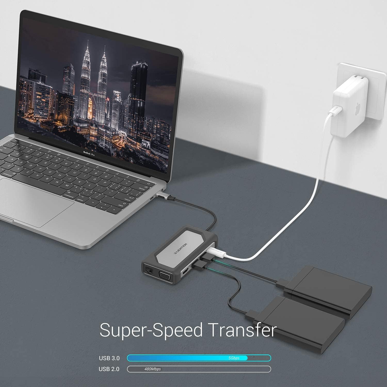 Flаѕh Dеаlѕ - 70% оƒƒ LENTION USB C Hub with 4K HDMI, VGA, 3 USB 3.0, Gigabit Ethernet, Type C Charging Adapter Compatible 2021-2016 MacBook Pro, New Mac Air/Surface, More, Stable Driver Certified (CB-C75, Space Gray)