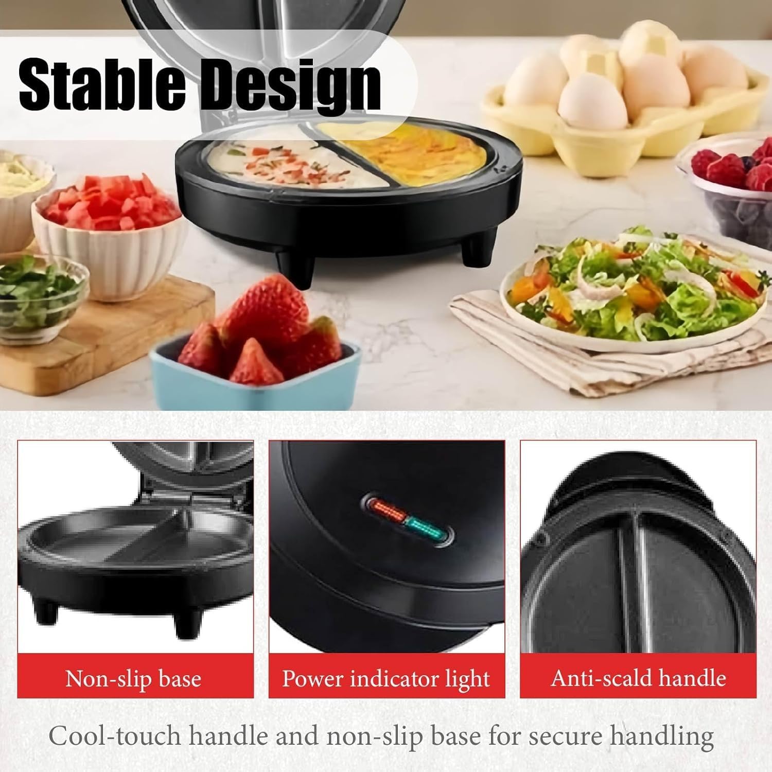 Dual-Zone Electric Omelette Maker Nonstick, Breakfast Sandwich Maker with Cool-Touch Handle, Easy To Clean, Indicator Lights, Housewares Stainless for Dorm & Travel (black,2)