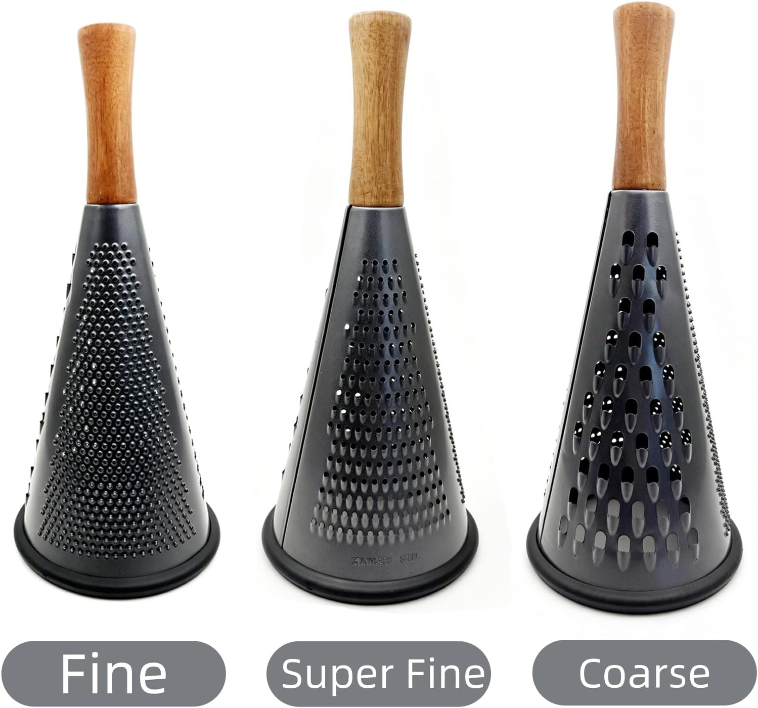 Extra Large Size Cone Cheese Grater with Handle Stainless Steel Triple Function Parmesan Shaver Non-Slip Acacia Wood Hand Held Multifunction Vegetables Cheese Grater (Black-11.8" X 5.1")