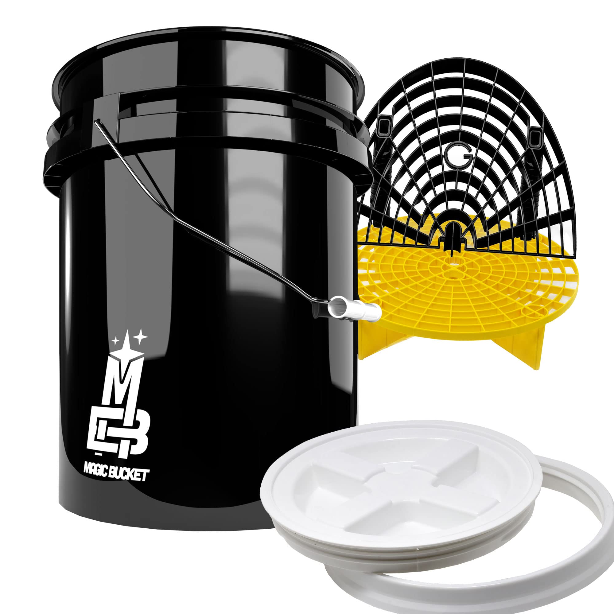 Detailmate professionelles Wasch Eimer Set: Magic Bucket Wascheimer 5 GAL (ca. 20 Liter), Gamma Seal Eimerdeckel weiß, GritGuard Schmutz Einsatz gelb, GritGuard Washboard schwarz