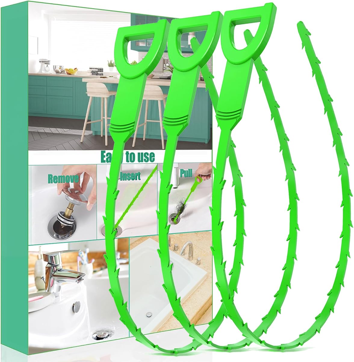 Drain Snake Hair Drain Clog Remover - 3 Pack Shower Sink Unclogger Tool | Green Flexible Drain Snake Removes Hair Clogs from Sink, Shower, and Bathtub Drains to Restore Water Flow
