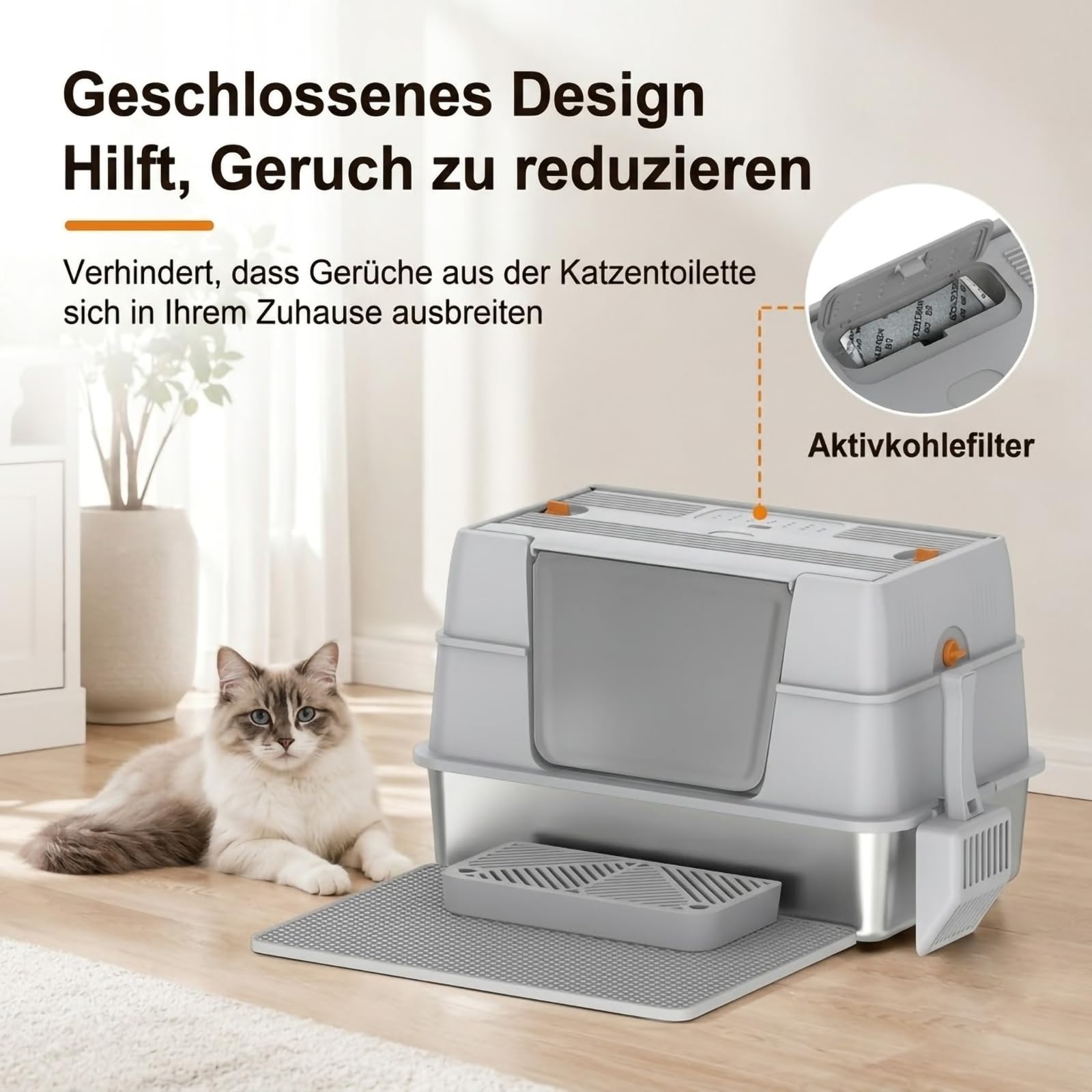 Lettiera per gatti in acciaio inox con coperchio, con ingresso laterale, per gatti di grandi dimensioni, anti-perdite, controllo degli odori con filtro al carbonio, include paletta e tappetino