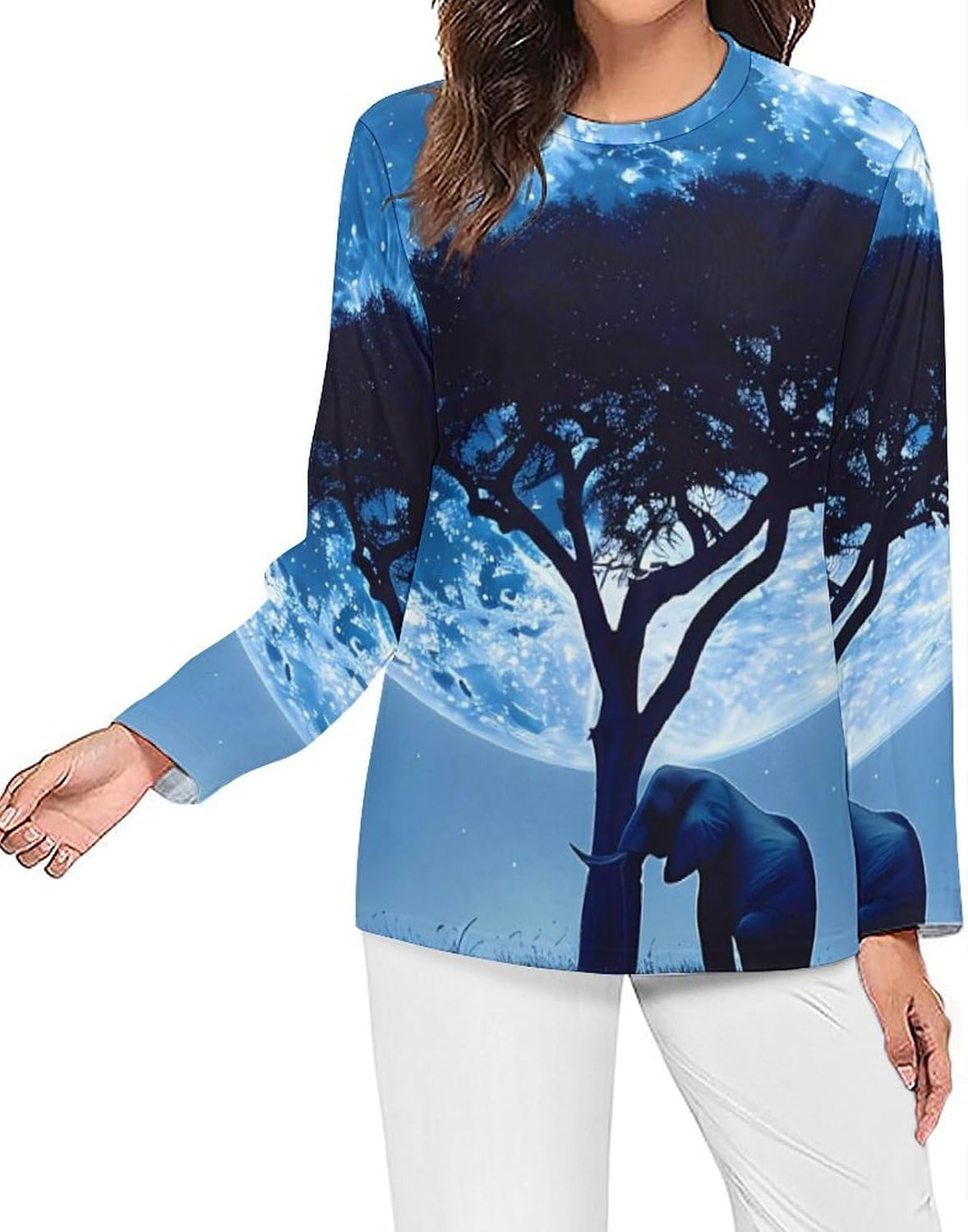 Elephant Full Moon Women's Pajama Top Sleepwear Pajamas Sleep T-Shirt Long Sleeve Shirt Crewneck Tee
