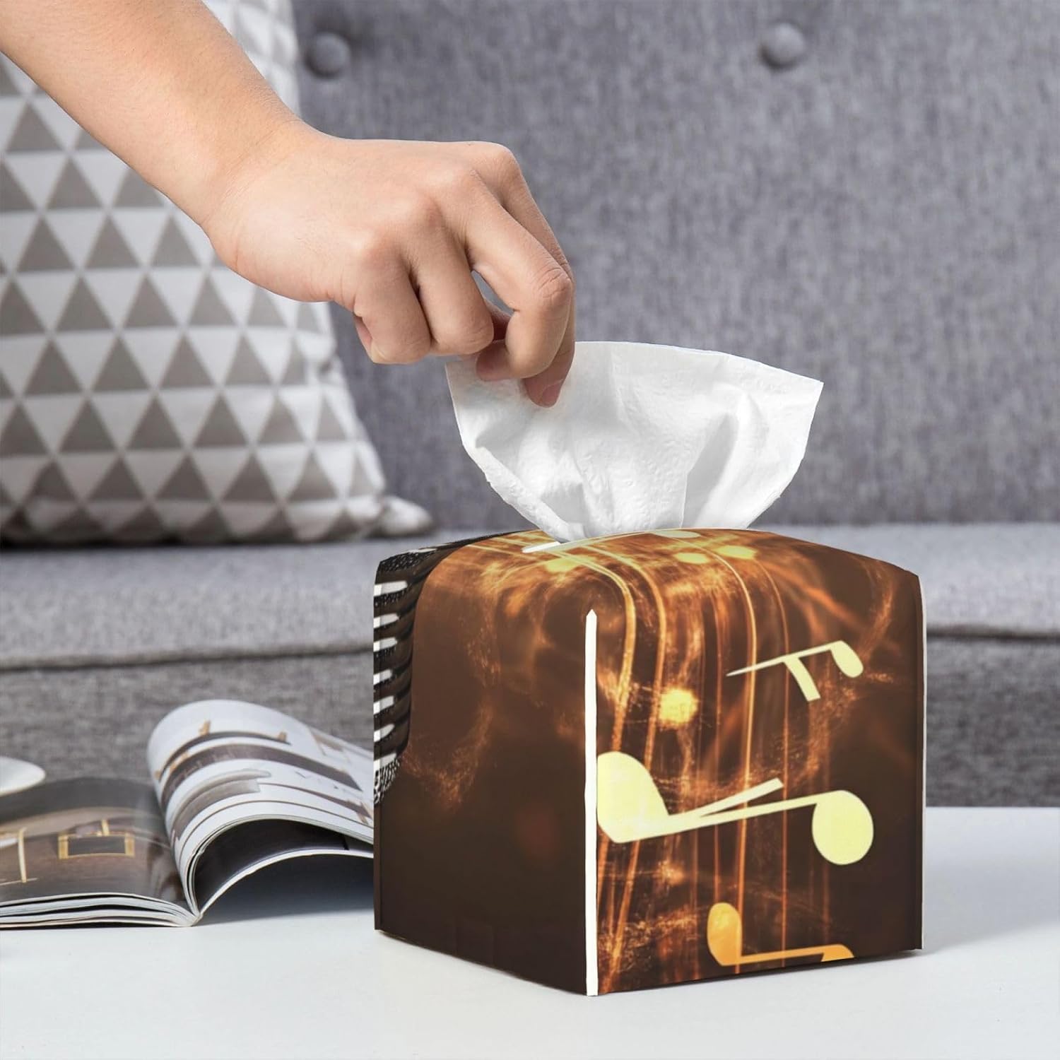 Tissue Box Cover, Square Modern PU Leather Tissue Box Holder, Can be Used for Bathroom Dressing Table, Bedside Table, Office Desk & Car 5.2"X5.2"X5.2" - Microphone with Music Notes image 5