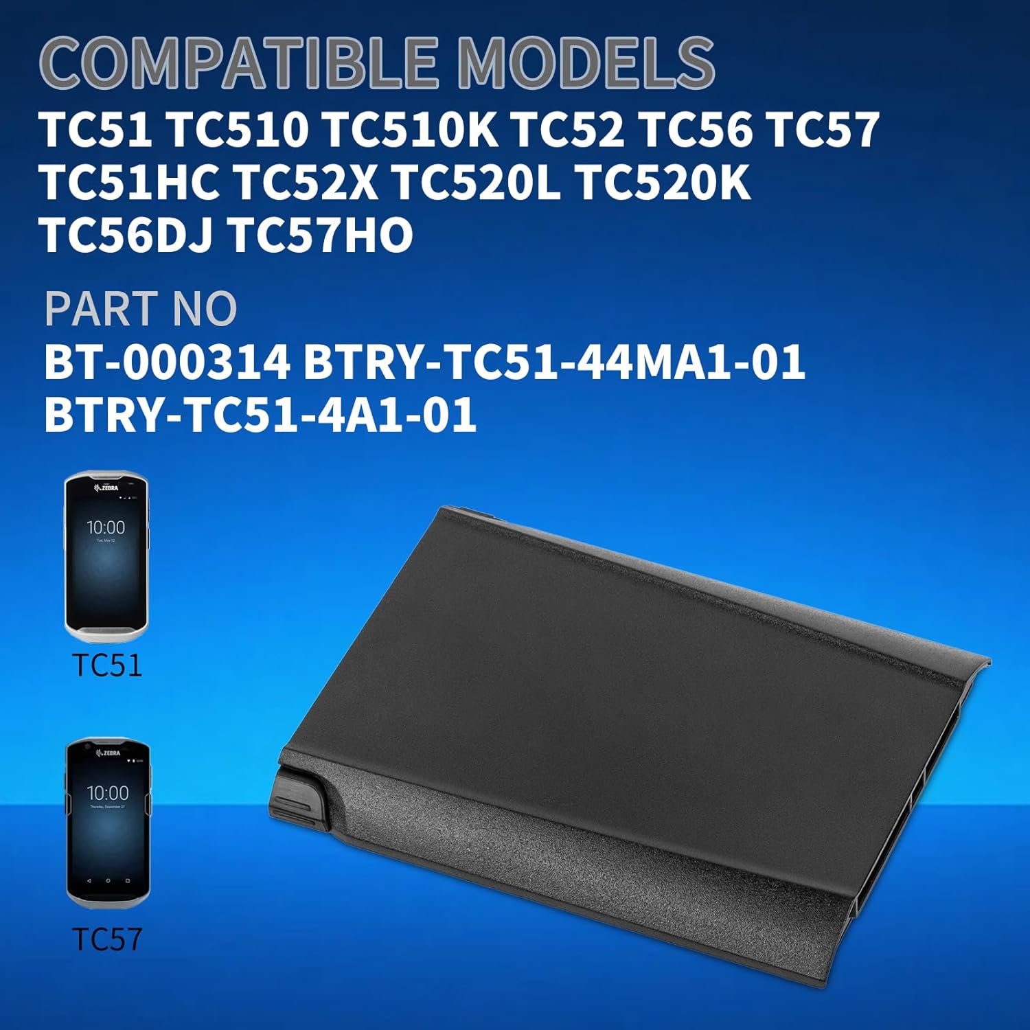 CBQ TC57 Battery Replacement, BT-000314 Scanner Battery for Zebra TC51 TC57 TC52 TC56 TC510 TC510K TC51HC TC52X TC520L BTRY-TC51-44MA1-01 BTRY-TC51-4A1-01
