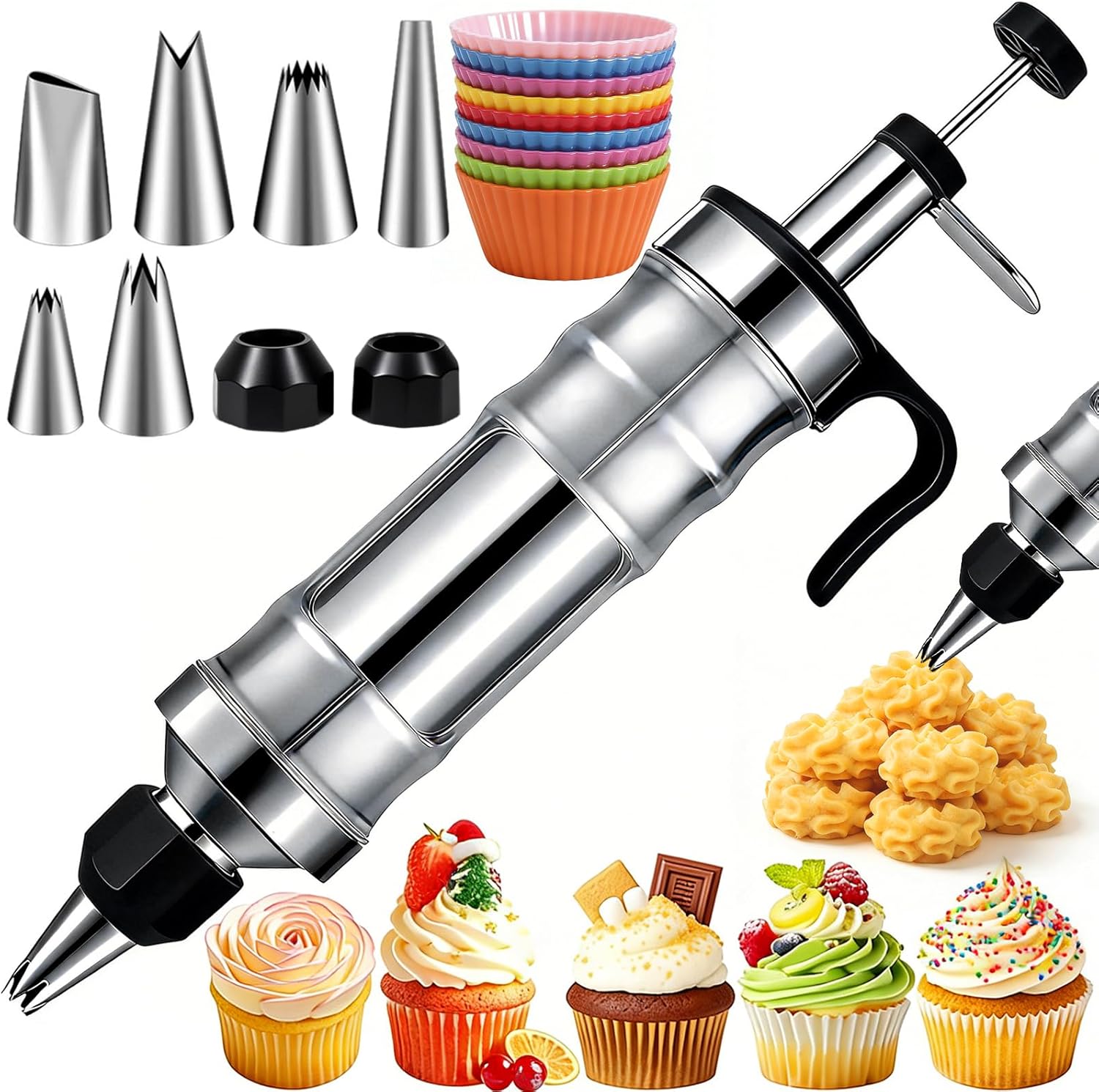 Suuker Dessert Decorating Syringe Set, Stainless Steel Frosting Piping Kit with 6 Icing Tips for Cake & Cupcake Decorating