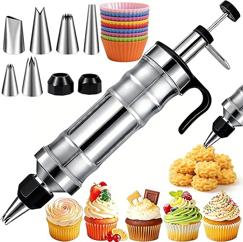 Suuker Juego de jeringas para decoración de postres, kit de tuberías de glaseado de acero inoxidable, herramientas de decoración de pasteles con 6