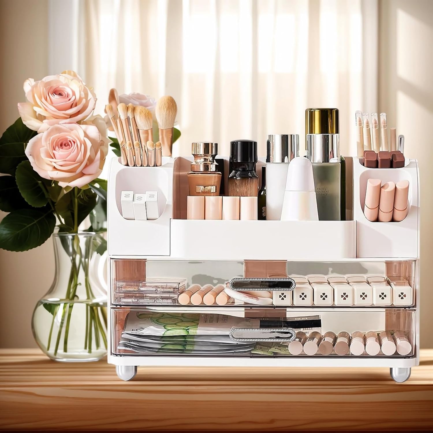 Makeup Organizer with 2 Drawers, Cosmetic Display Case, Storage Holder for Vanity, Bathroom Counter, Desk, Beauty Supplies (White)