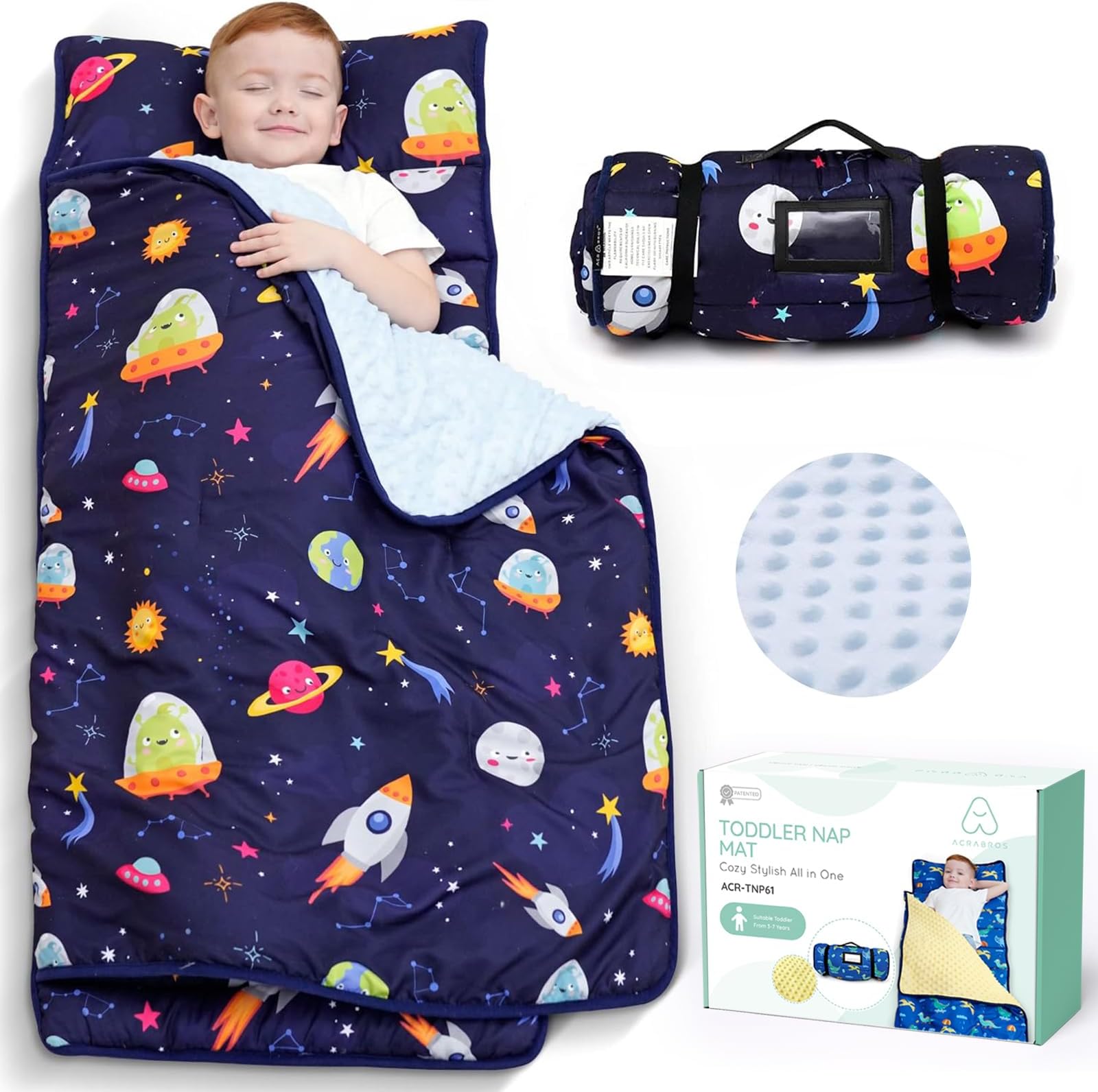 ACRABROS Toddler Nap Mat with Pillow and Blanket, Large Rolled Napping Mats,Slumber Bags for Boys Girls,Kids Sleeping Bag for Daycare, Preschool Travel