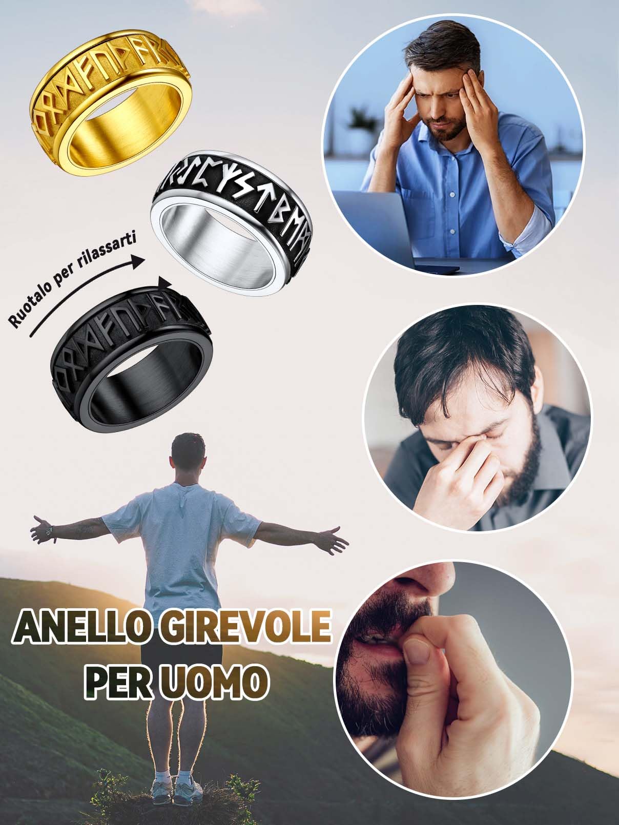 FaithHeart Rune Anello Vichingo Uomo Acciaio Anti-stress Spinner Punk Hiphop Anello Nome Personalizzato Taglia IT 14-32 con Confezione Regalo Compleanno