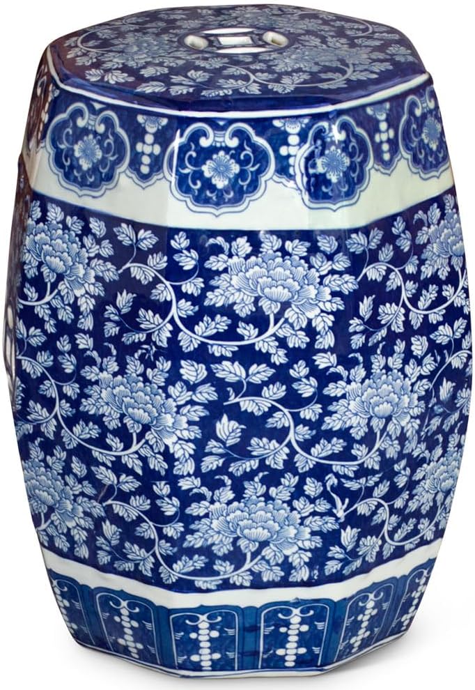 ChinaFurnitureOnline Blue & White Porcelain Octagonal Chinese Palace Garden Stool with Peony Flower Motif