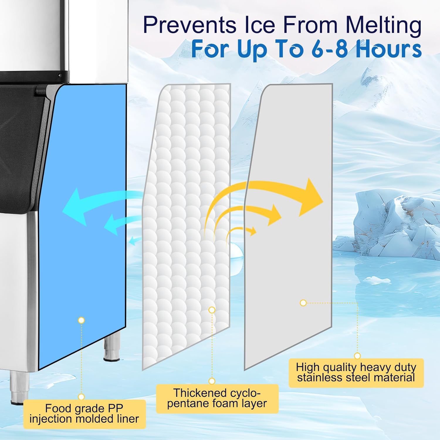 Cross-section view of the ice storage bin's insulation layers