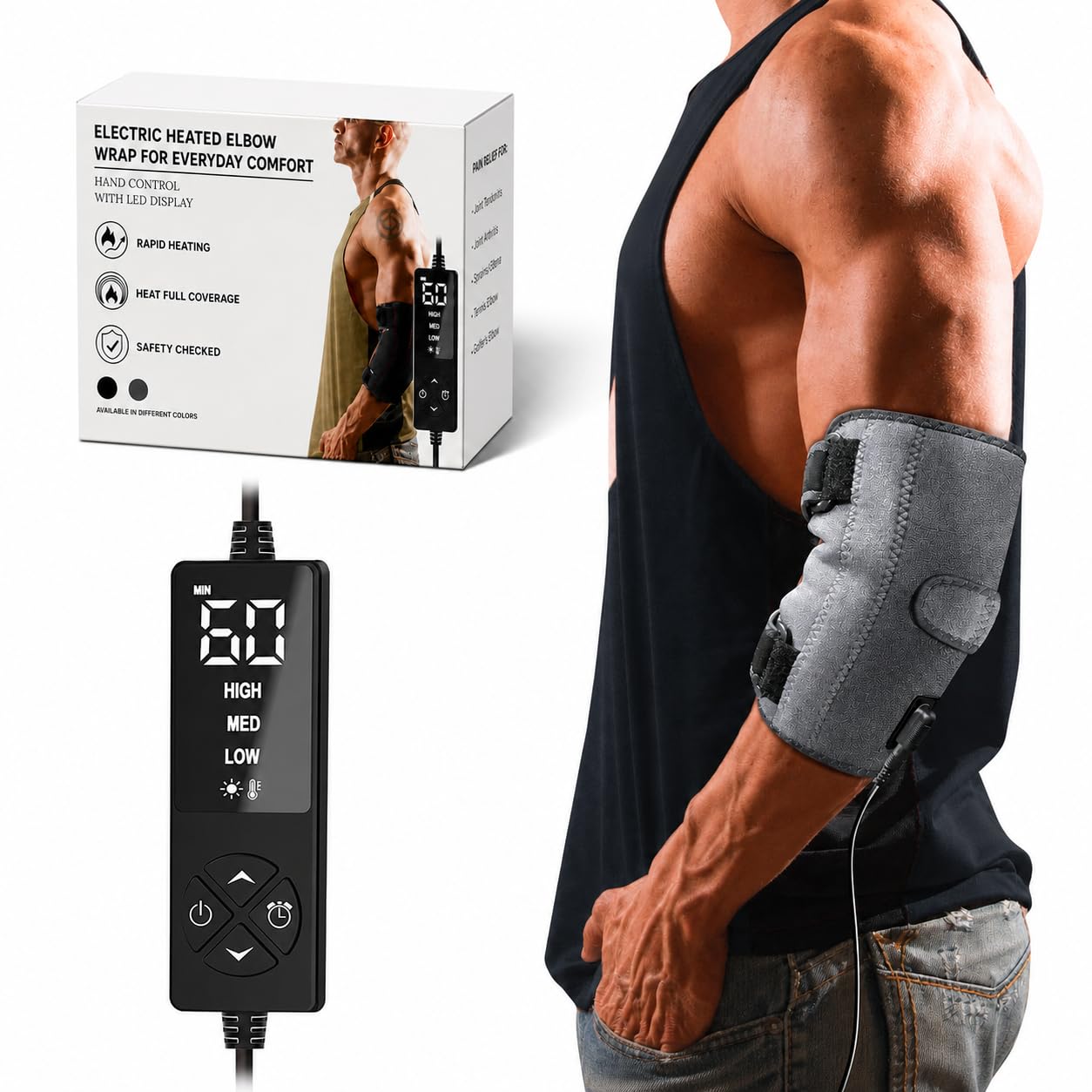 Almohadilla térmica para el codo del túnel cubital y alivio del codo de tenista, codo calentado, funda de cojín de calor para el brazo del nervio cubital con apagado automático y opción de
