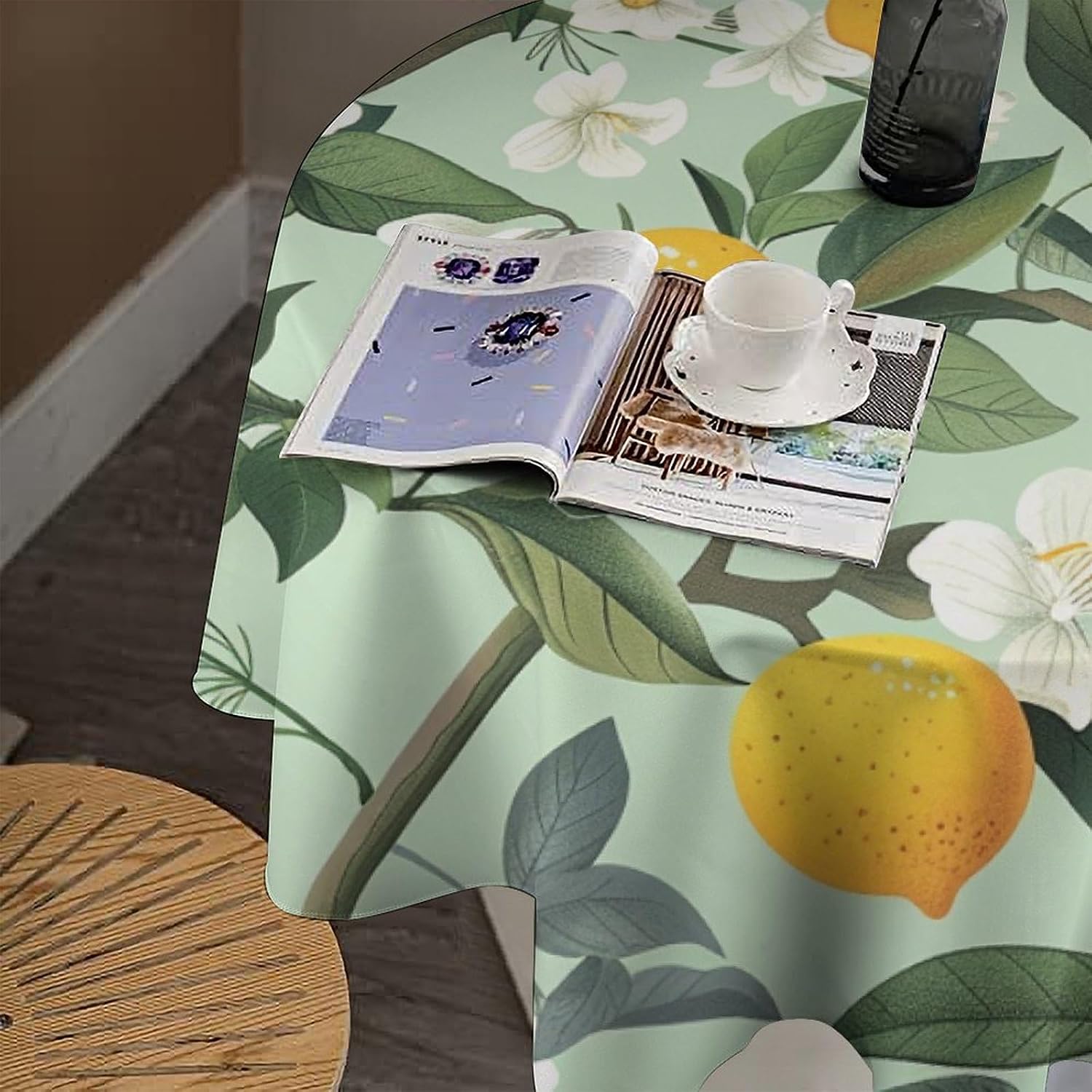 Farmhouse Plants Round Tablecloths, White Floral Lemon Tree Bird Washable Holiday Decor Table Cover for Kitchen, Dining, Party, 60Inch