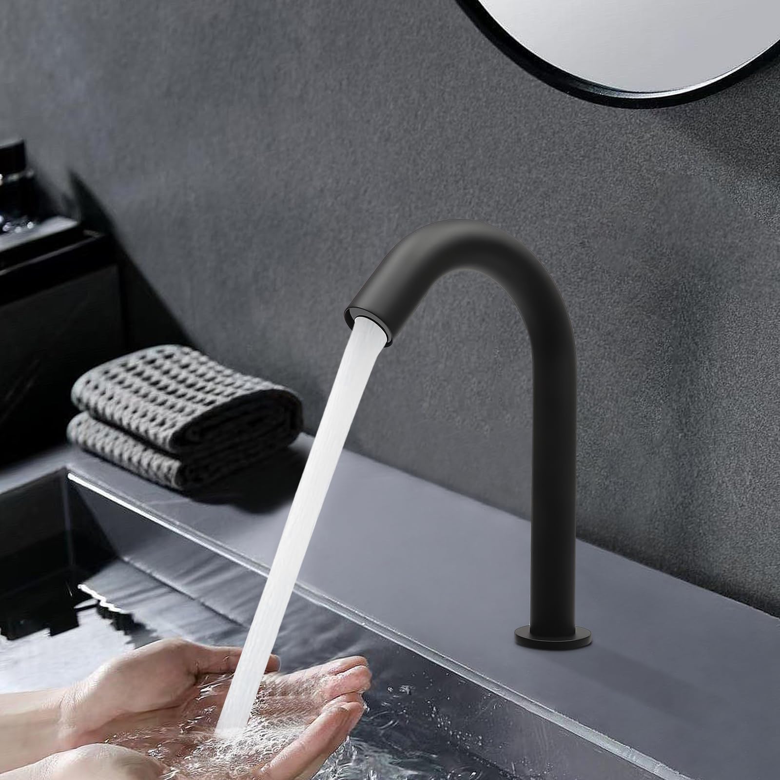 Robinet infrarouge, mitigeur de lavabo avec capteur automatique, robinet automatique de salle de bain sans contact, noir