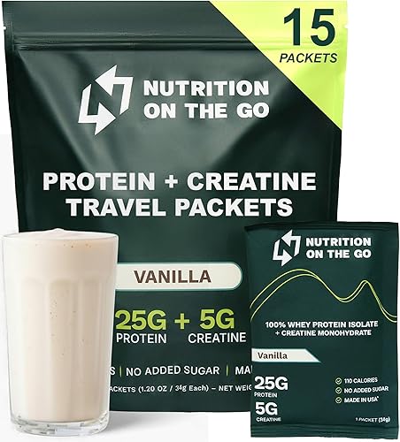 Nutrition On The Go - Paquetes de proteína aislada de suero con creatina  25g de proteína + 5g de creatina  Polvo de proteína de viaje de porción
