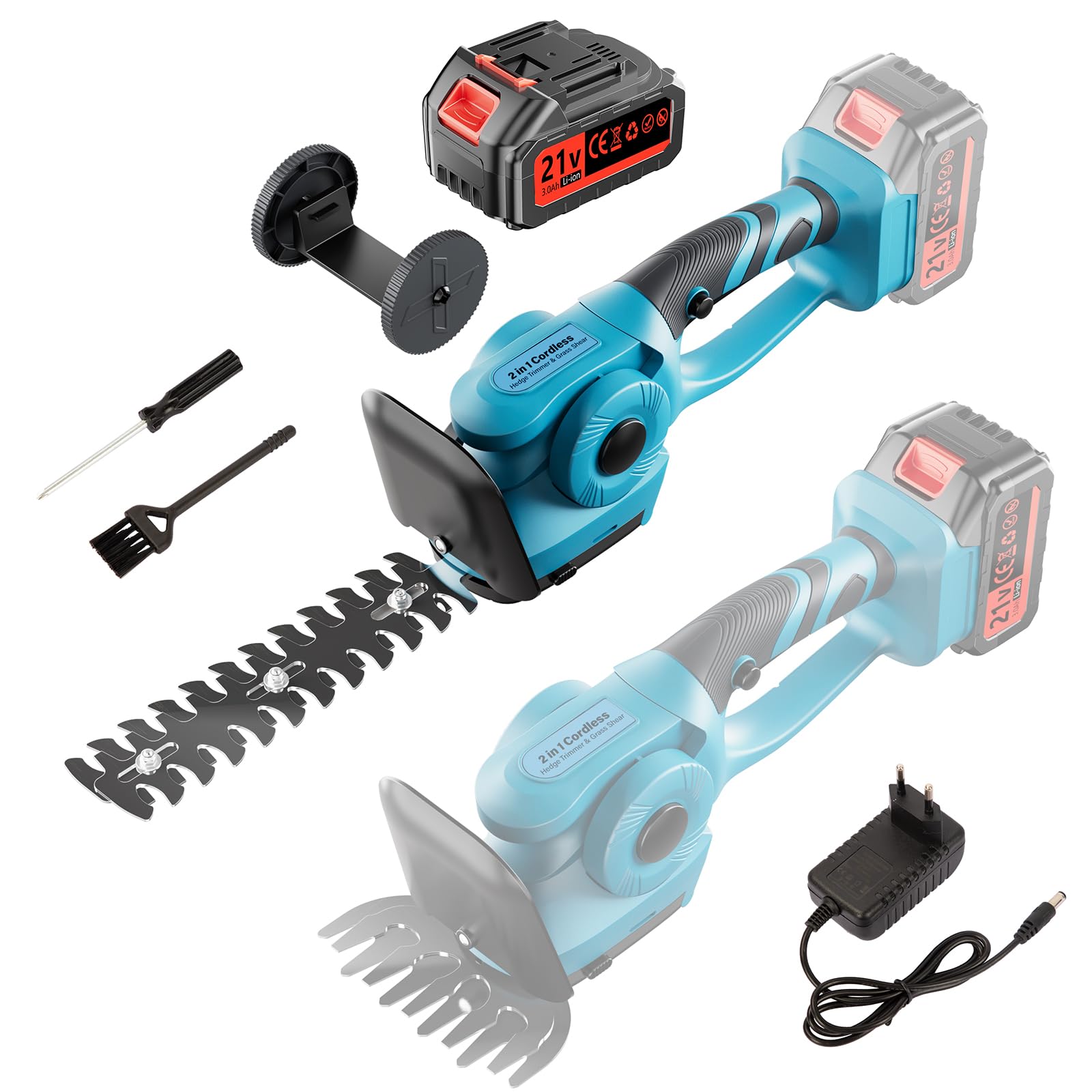 Taille-haie et Sculpte-haie sans Fil 2-en-1 | 21V 3.0Ah avec Chargeur | Base à roulettes | Lames 22cm & 13cm | Compatible avec Batteries Lithium-ION 18V (ex. BL1830 BL1850B)