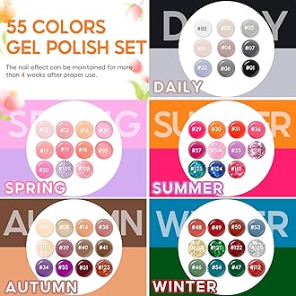 COSCELIA 60 PCS Gel Nail Polish Set, 55 Colors Gel Nail Polish with 5pcs Top Base Coat All Seasons Nail Polish Kit Winter Spring Full Colors Manicure Nail Art Valentines Gifts for Women Teens Girls
