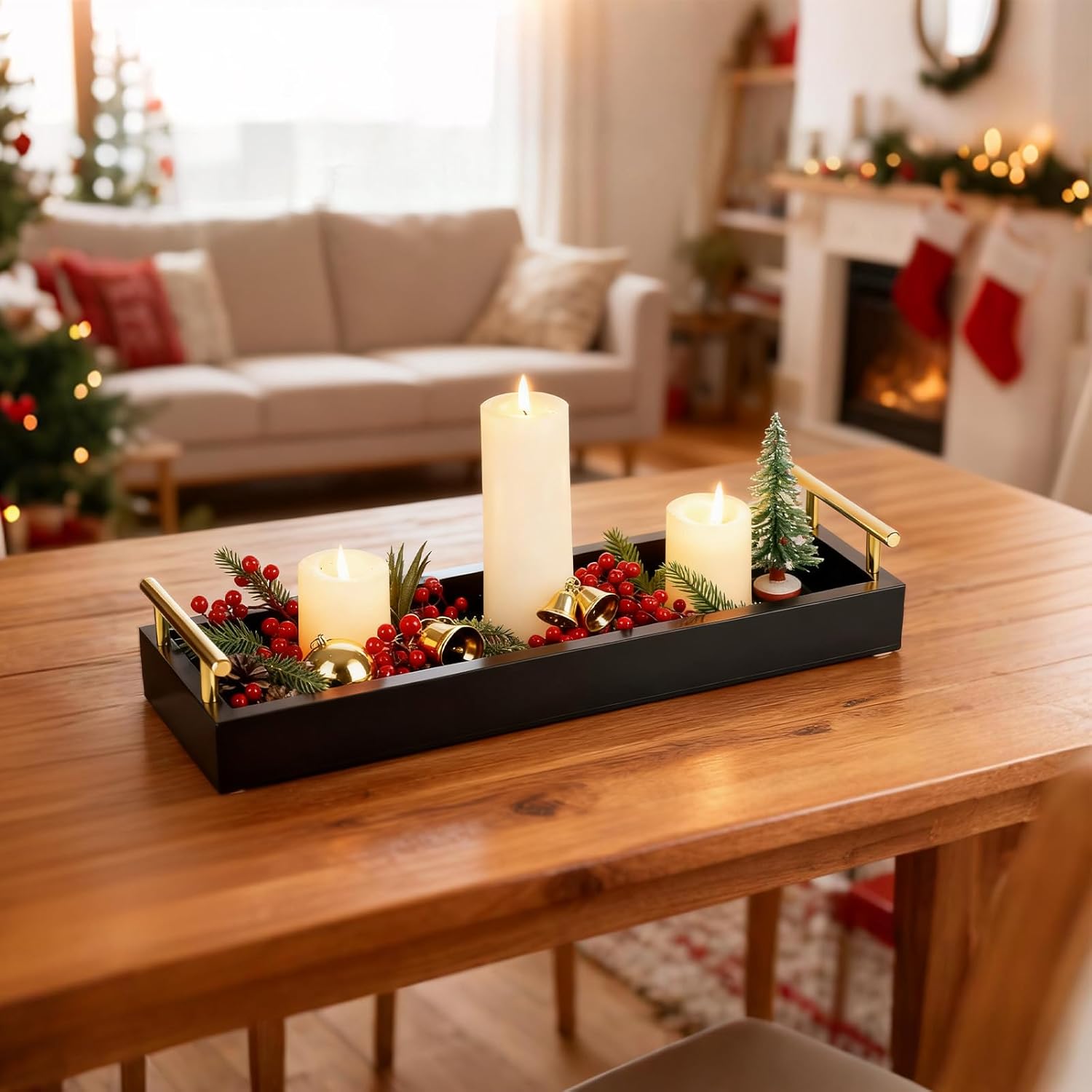 Hanobe Rectangle Long Narrow Tray: Decorative Trays Rectangular Candle Holder Trays for Home Decor White Centerpiece Tray Decor Serving Tray with Gold Handles for Dining Table Coffee Bar Living Room - Image 9