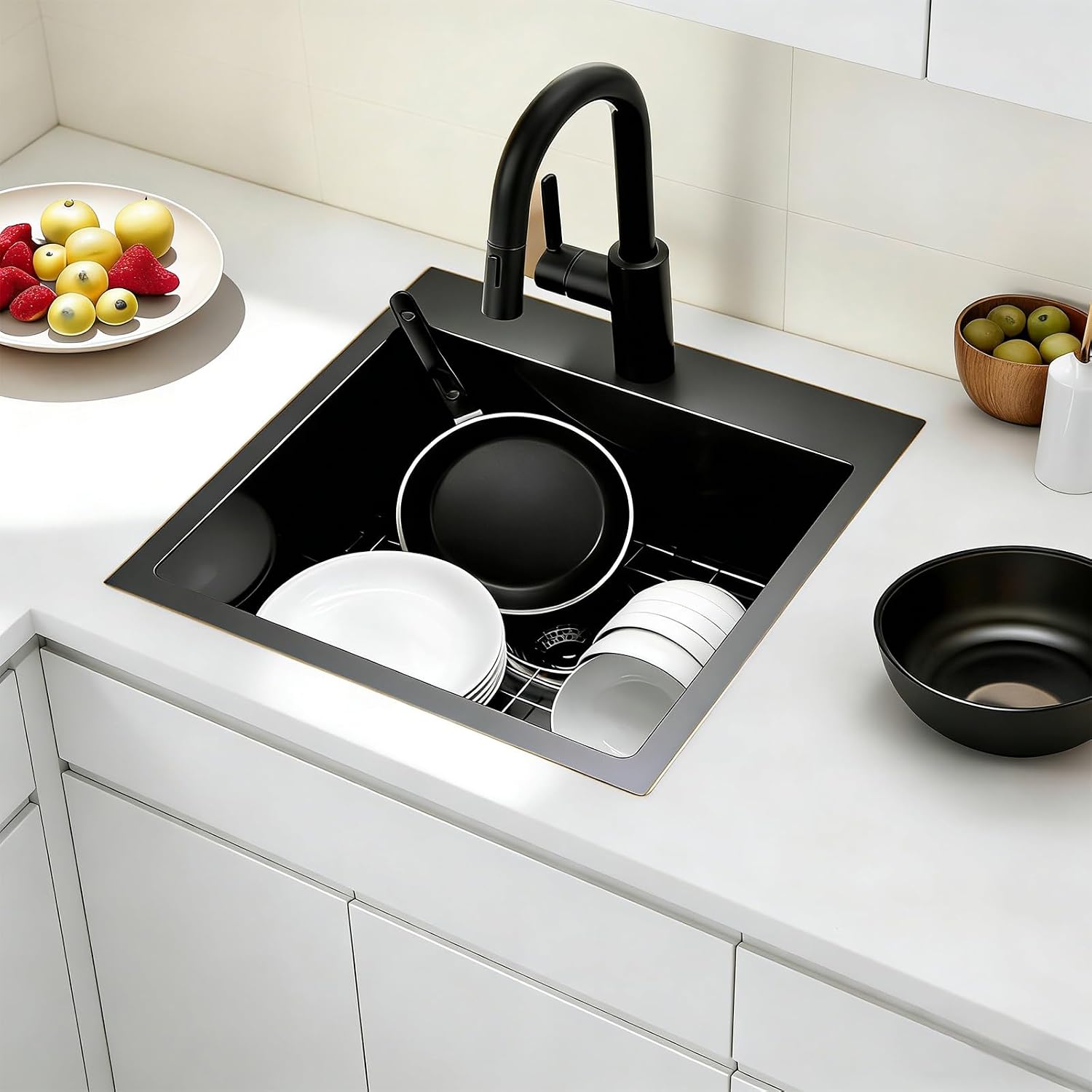 IKEBANA 18x18 Inch Black Bar Sink drop in, 9 Inch Deep 16 Gauge Stainless Steel Topmount Black Small Kitchen Sink, Single Bowl Wet Bar Outdoor RV Prep Sinks With Dish Grid & Drain