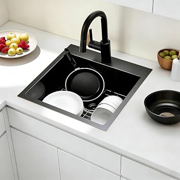 IKEBANA 18x18 Inch Black Bar Sink drop in, 9 Inch Deep 16 Gauge Stainless Steel Topmount Black Small Kitchen Sink, Single Bowl Wet Bar Outdoor RV Prep Sinks With Dish Grid & Drain