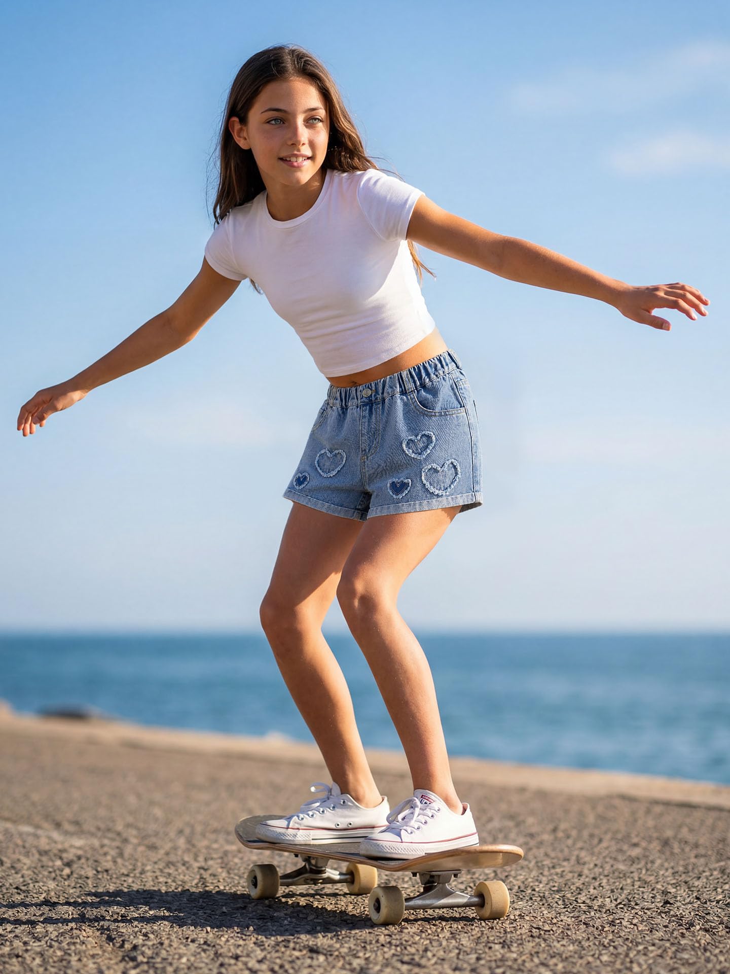 Rolanko Pantaloncini in jeans da bambina a gamba larga larghi in denim con elastico in vita pantaloncini estivi con tasca 6-14 anni