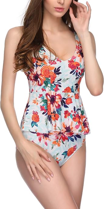 Women Tankini Swimsuit Ruffle Peplum Tops Two Piece Bathing Suit.