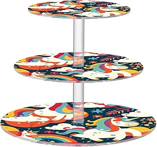 3 Tier Cupcake Stand Doodle Unicorns Rainbow Acrylic Tower Tiered Tray S...