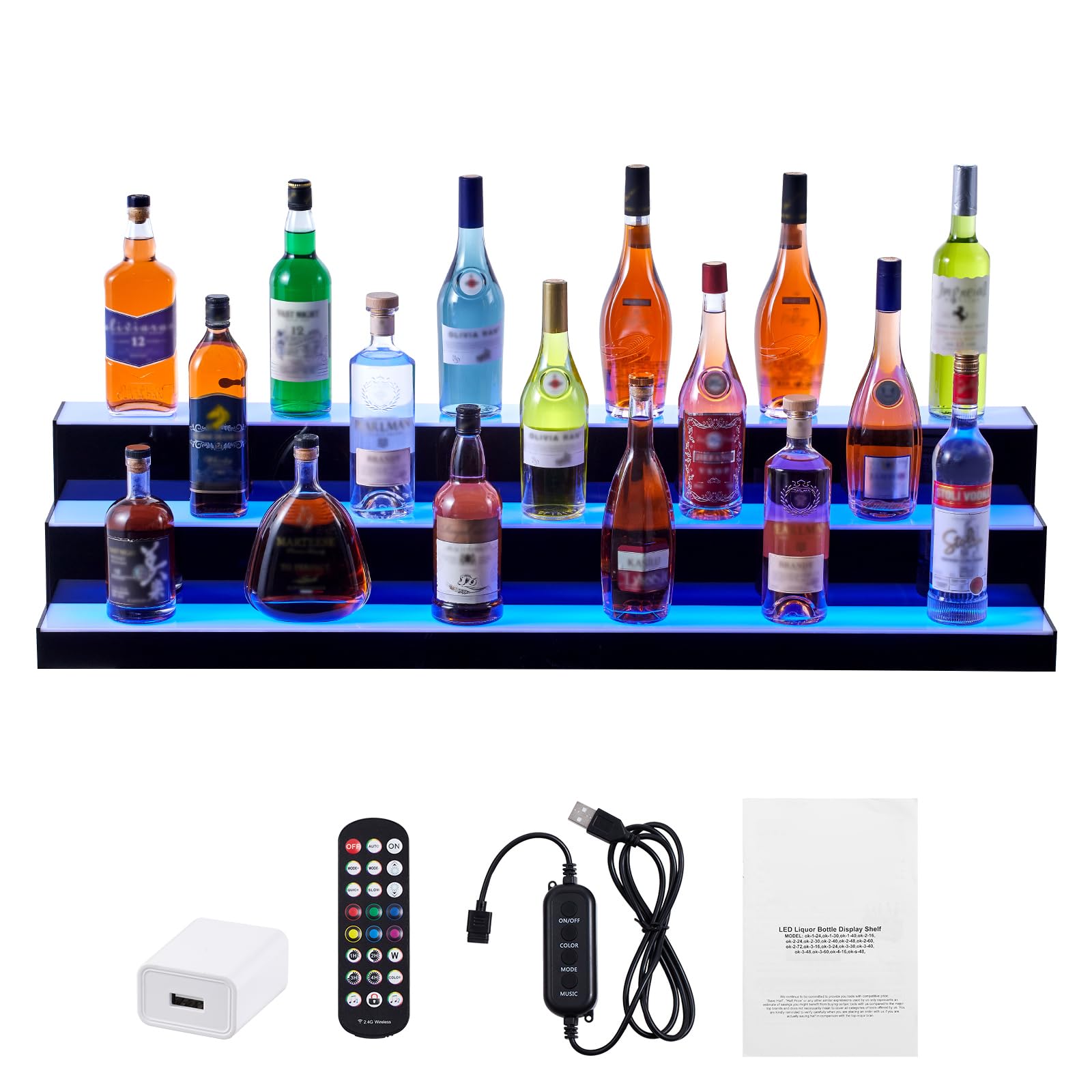 Happybuy LED Lighted Liquor Bottle Display,3 Tiers 48 Inch Commercial Illuminated Home Bar Shelf,3 Steps Whiskey Rack Stand, Acrylic Drink Shelves with RF Remote & App Control, and Multicolor lighting